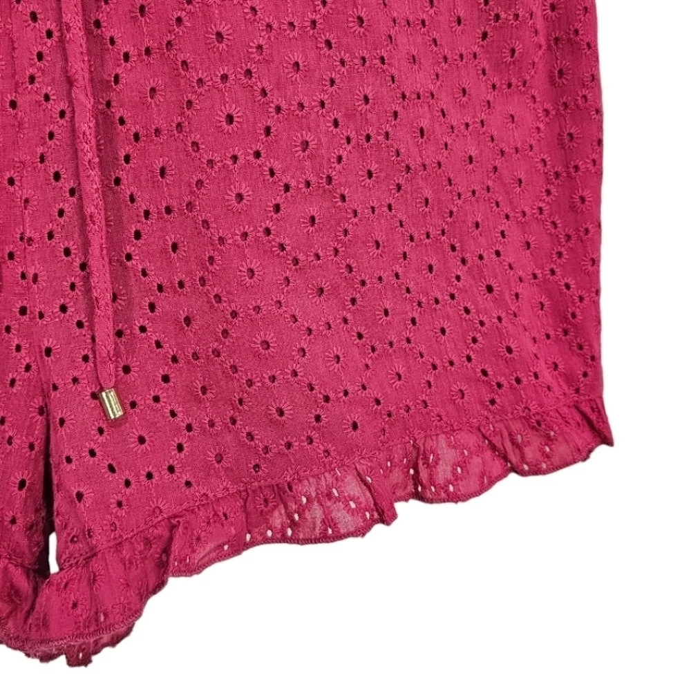 NWT Sperry Cotton Button Down Eyelet & Lace Drawstring Waist Romper Pink Red L
